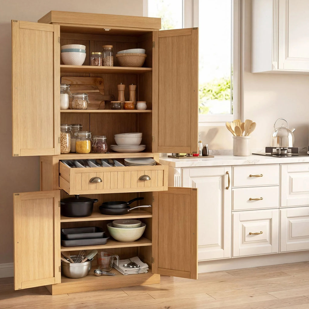 4-Door Tall Kitchen Cupboard Adjustable Shelves and Drawer