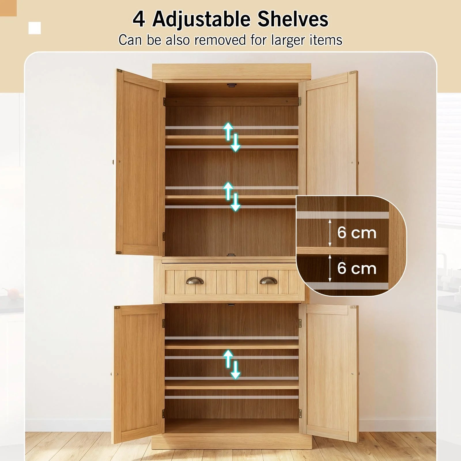 4-Door Tall Kitchen Cupboard Adjustable Shelves and Drawer