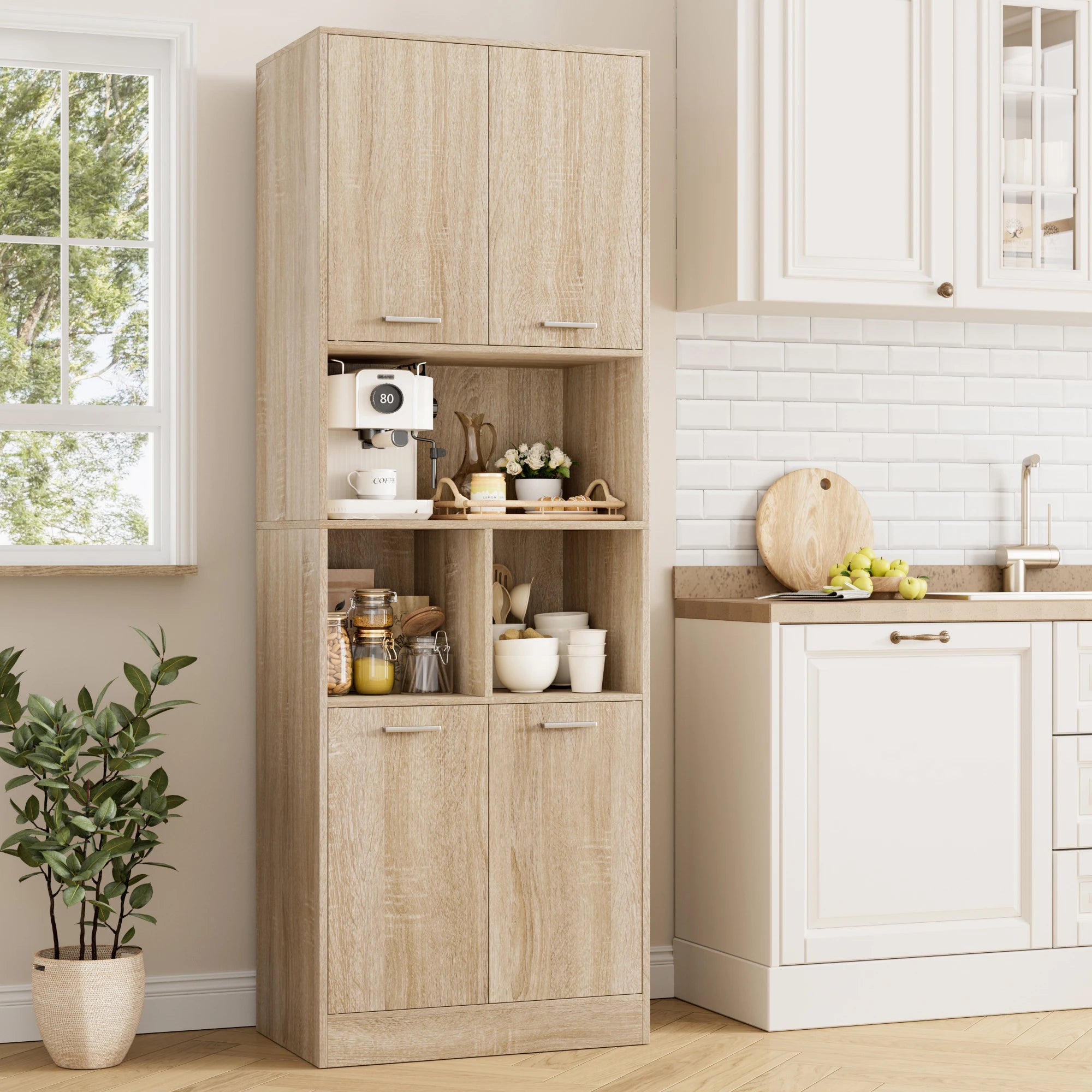 Bathroom Tall Cabinets White Tall Storage Cabinet with Doors and Open Shelves Bookcase for Living Room Kitchen180.5X60X40Cm