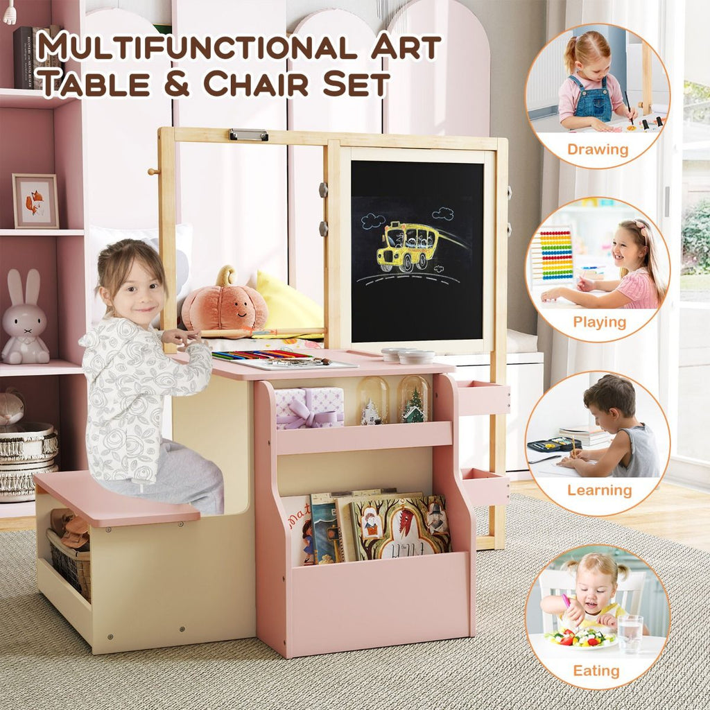 Kids Art Easel Table and Bench Set with Adjustable Easel and Bookshelf