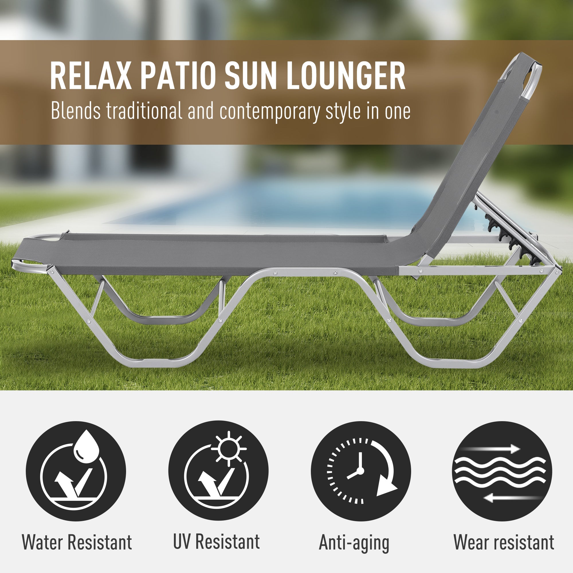 Sun Lounger Relaxer Recliner W/ 5-Position Adjustable Backrest Pool Sun Bathing