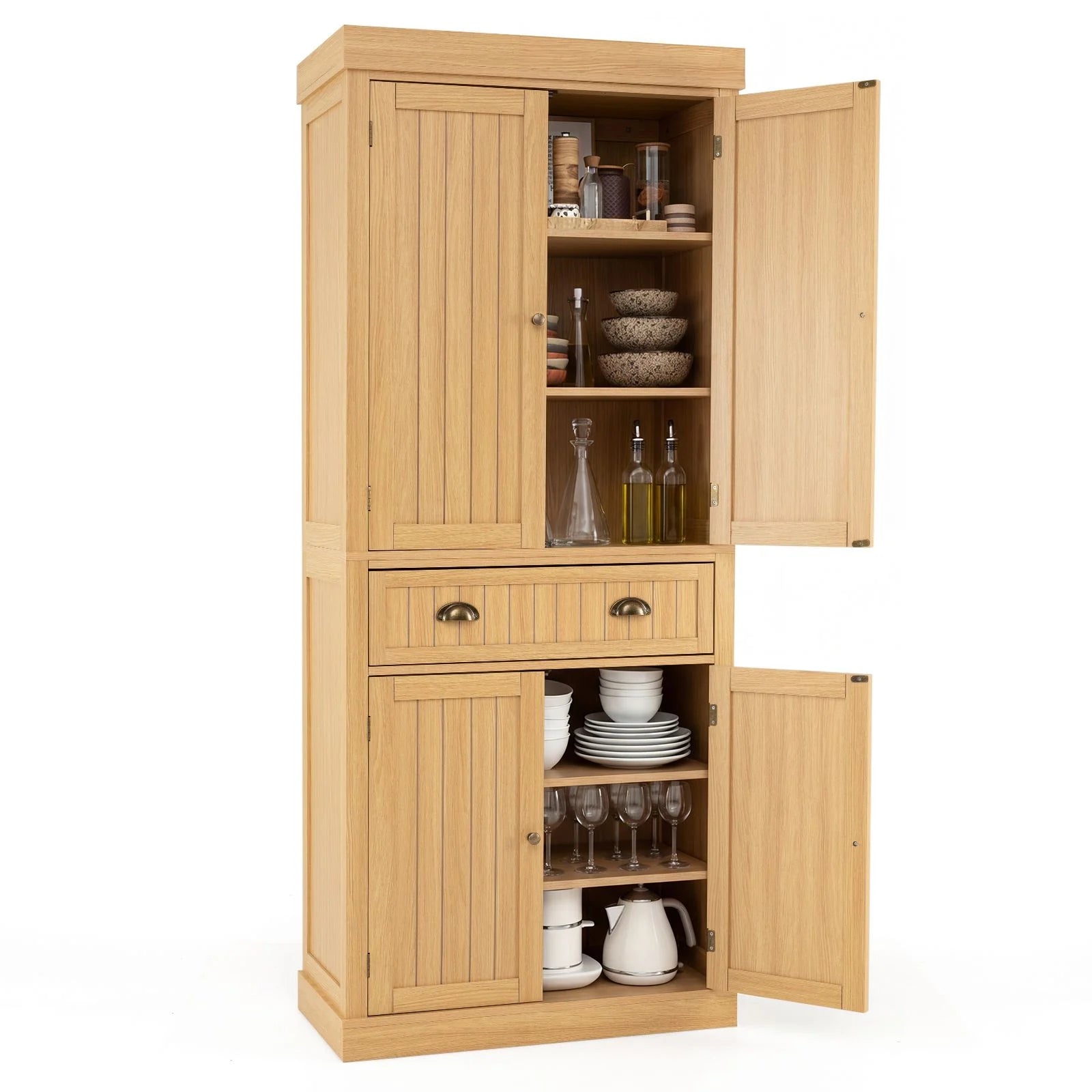 4-Door Tall Kitchen Cupboard Adjustable Shelves and Drawer