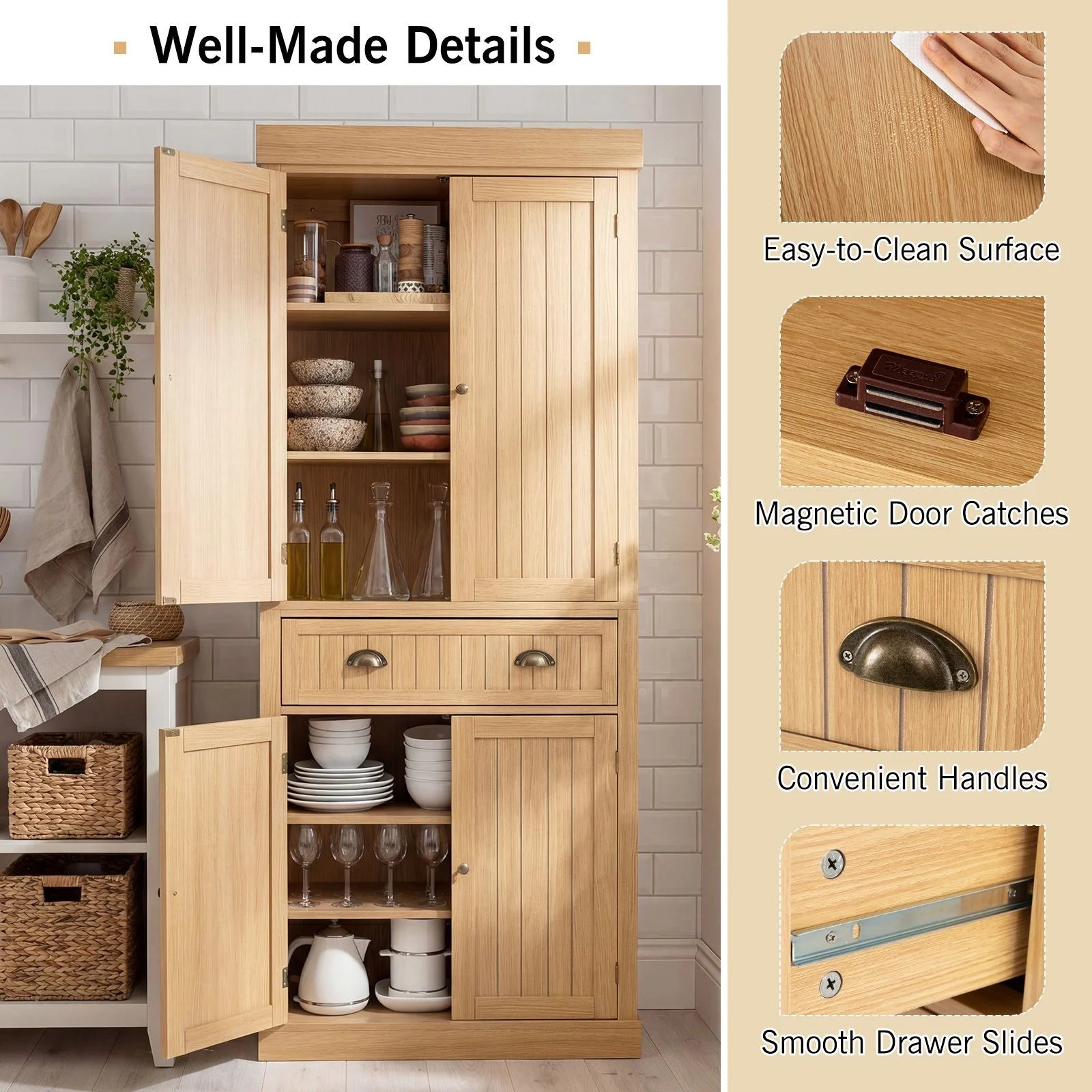 4-Door Tall Kitchen Cupboard Adjustable Shelves and Drawer