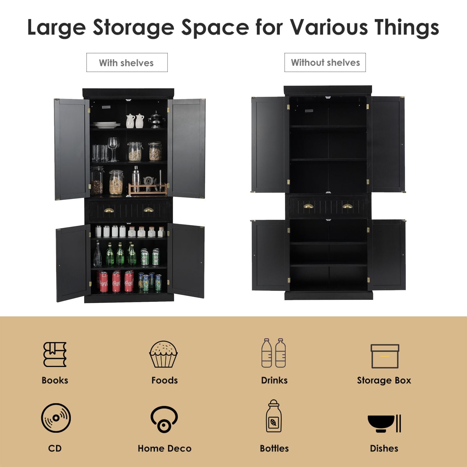 4-Door Tall Kitchen Cupboard Adjustable Shelves and Drawer