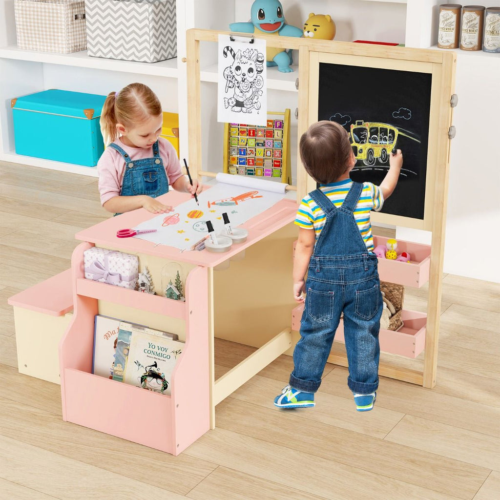 Kids Art Easel Table and Bench Set with Adjustable Easel and Bookshelf