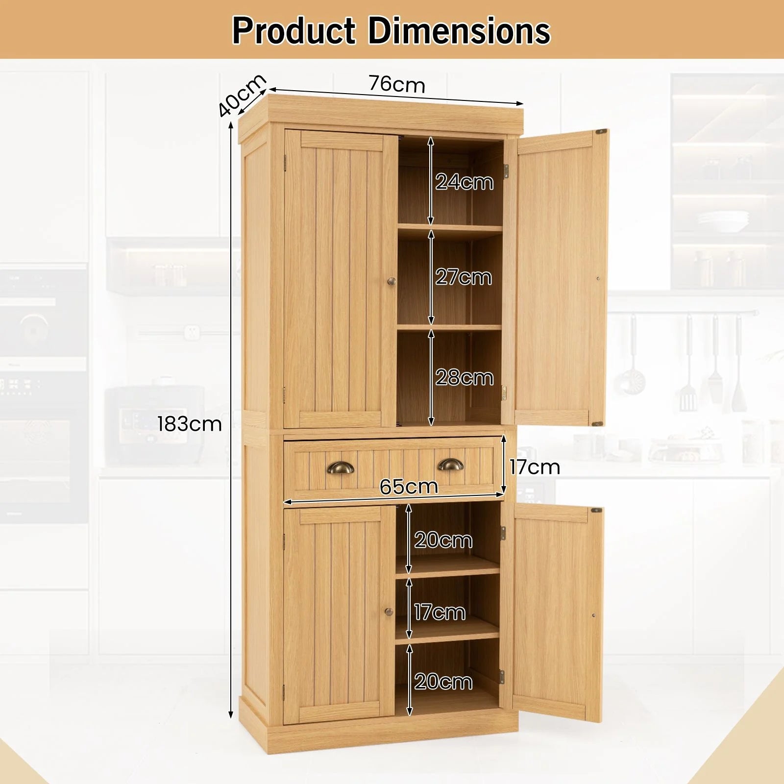 4-Door Tall Kitchen Cupboard Adjustable Shelves and Drawer