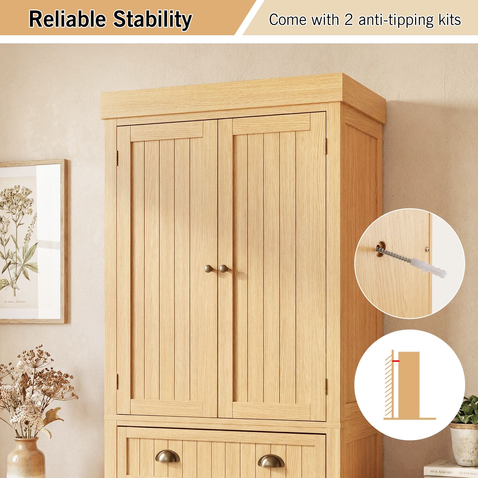 4-Door Tall Kitchen Cupboard Adjustable Shelves and Drawer