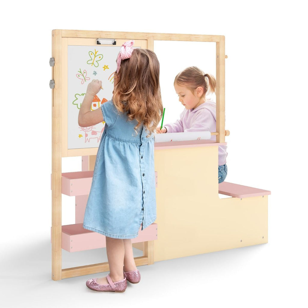 Kids Art Easel Table and Bench Set with Adjustable Easel and Bookshelf