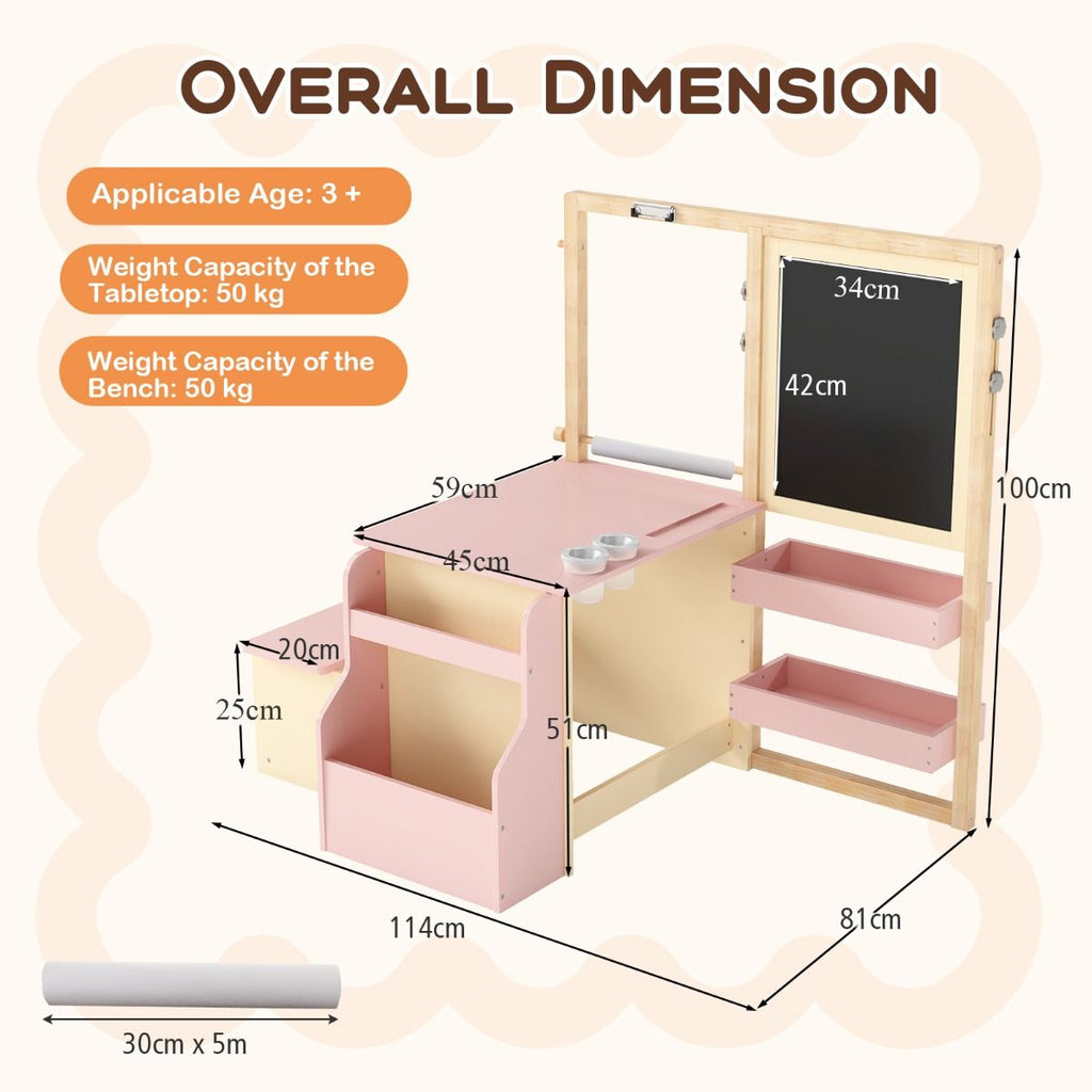 Kids Art Easel Table and Bench Set with Adjustable Easel and Bookshelf