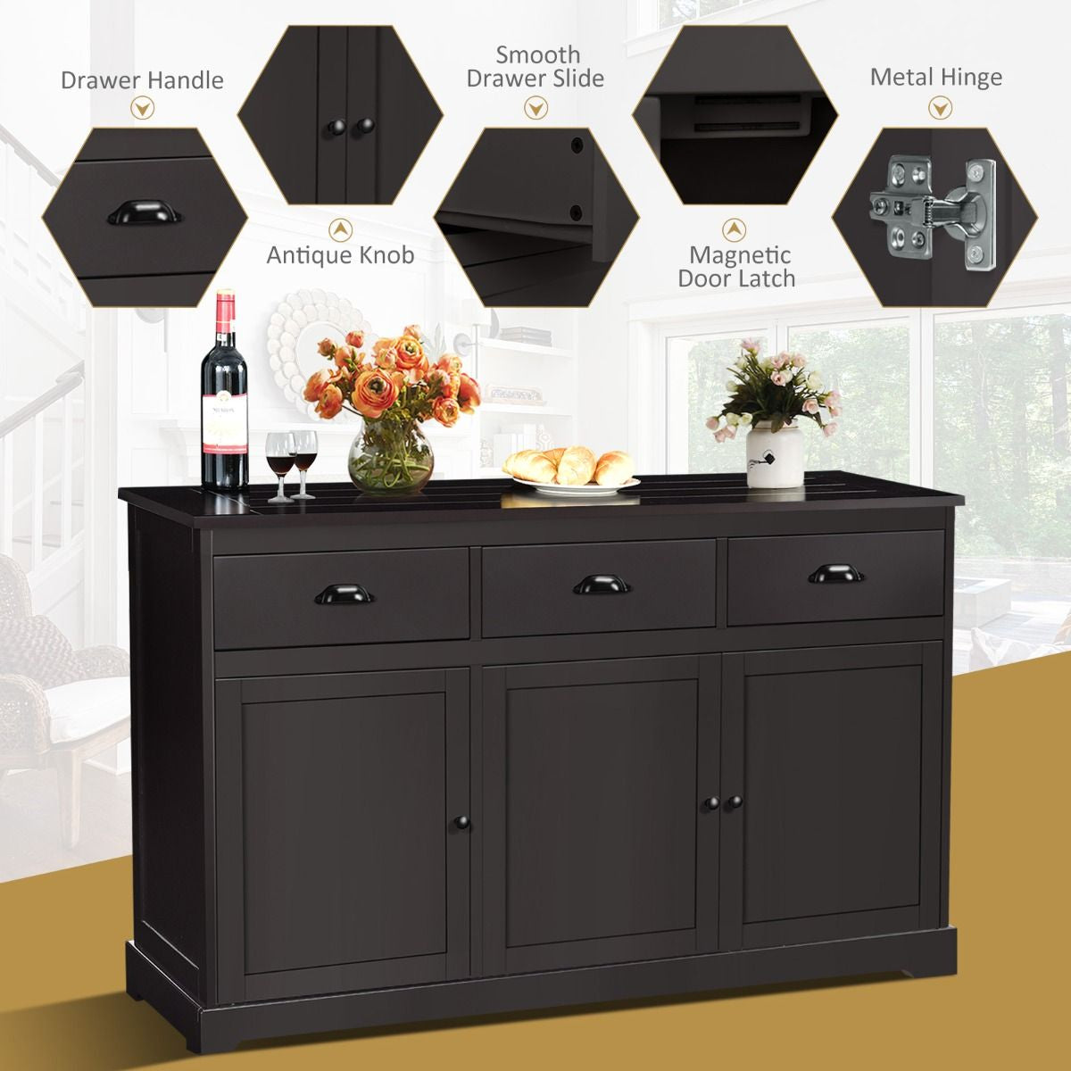Buffet Sideboard with Cabinets Drawers and Adjustable Shelf
