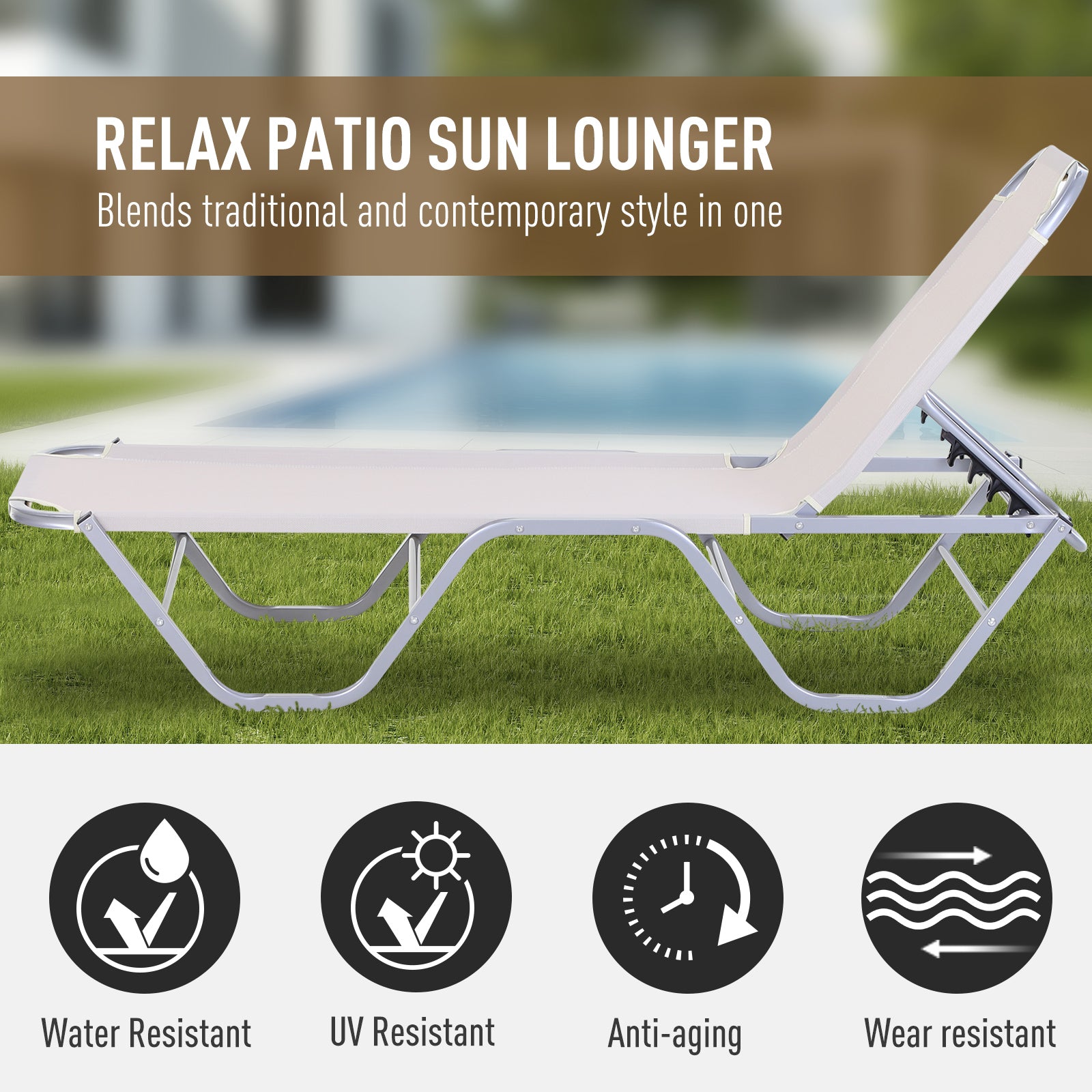 Sun Lounger Relaxer Recliner W/ 5-Position Adjustable Backrest Pool Sun Bathing