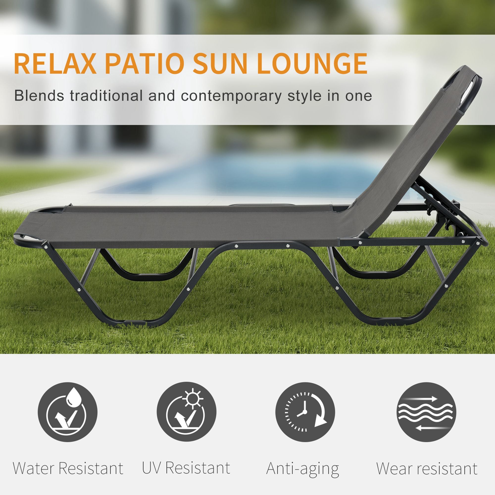 Sun Lounger Relaxer Recliner W/ 5-Position Adjustable Backrest Pool Sun Bathing
