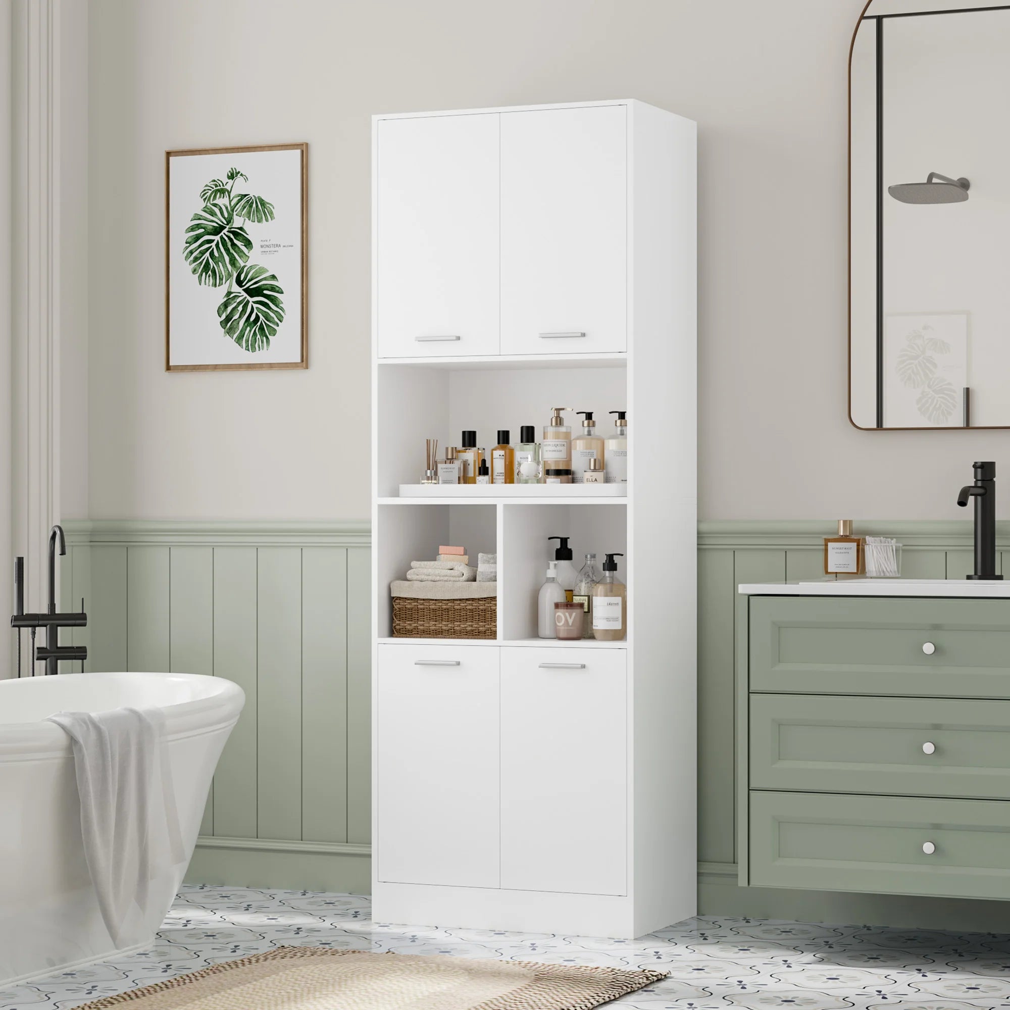 Bathroom Tall Cabinets White Tall Storage Cabinet with Doors and Open Shelves Bookcase for Living Room Kitchen180.5X60X40Cm