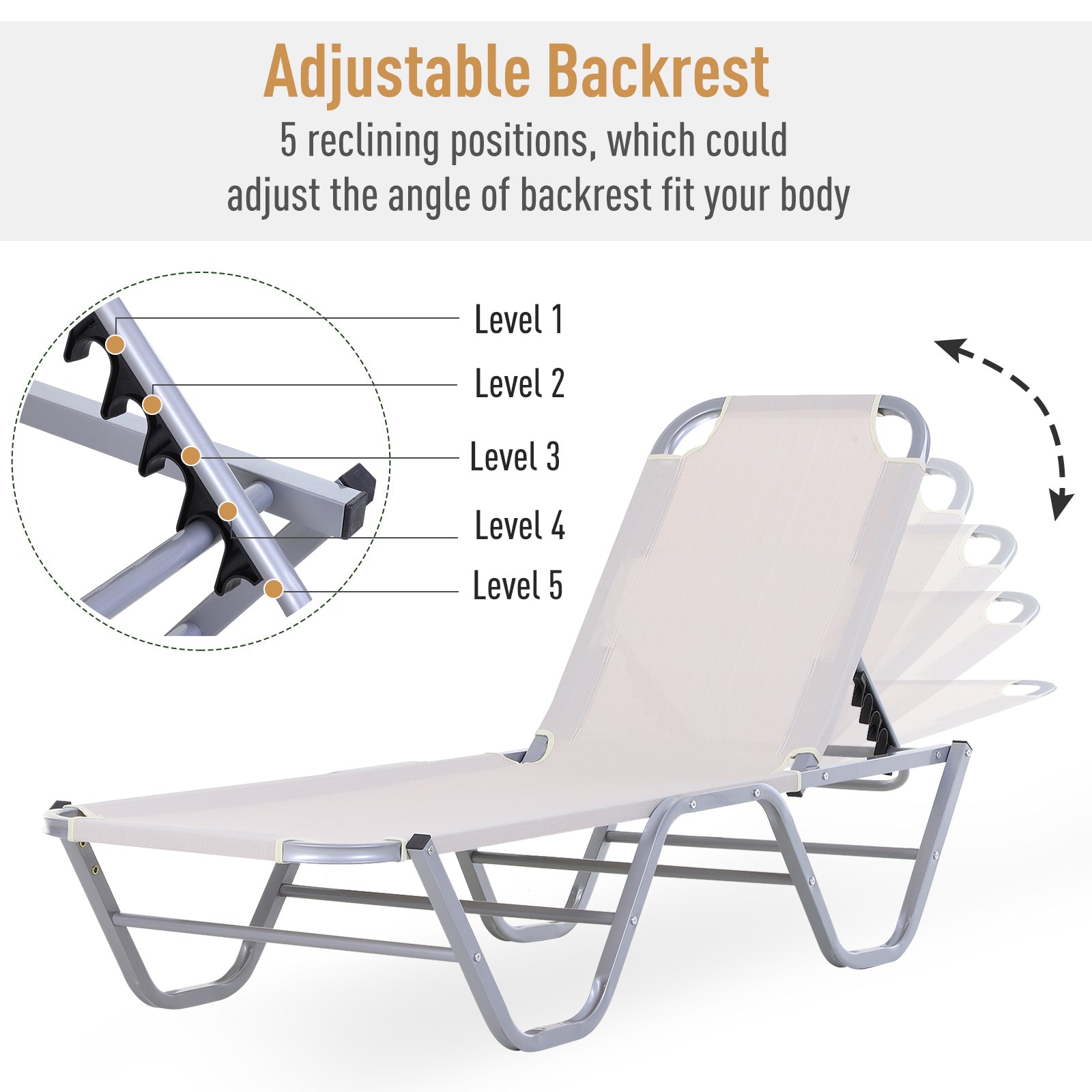 Sun Lounger Relaxer Recliner W/ 5-Position Adjustable Backrest Pool Sun Bathing