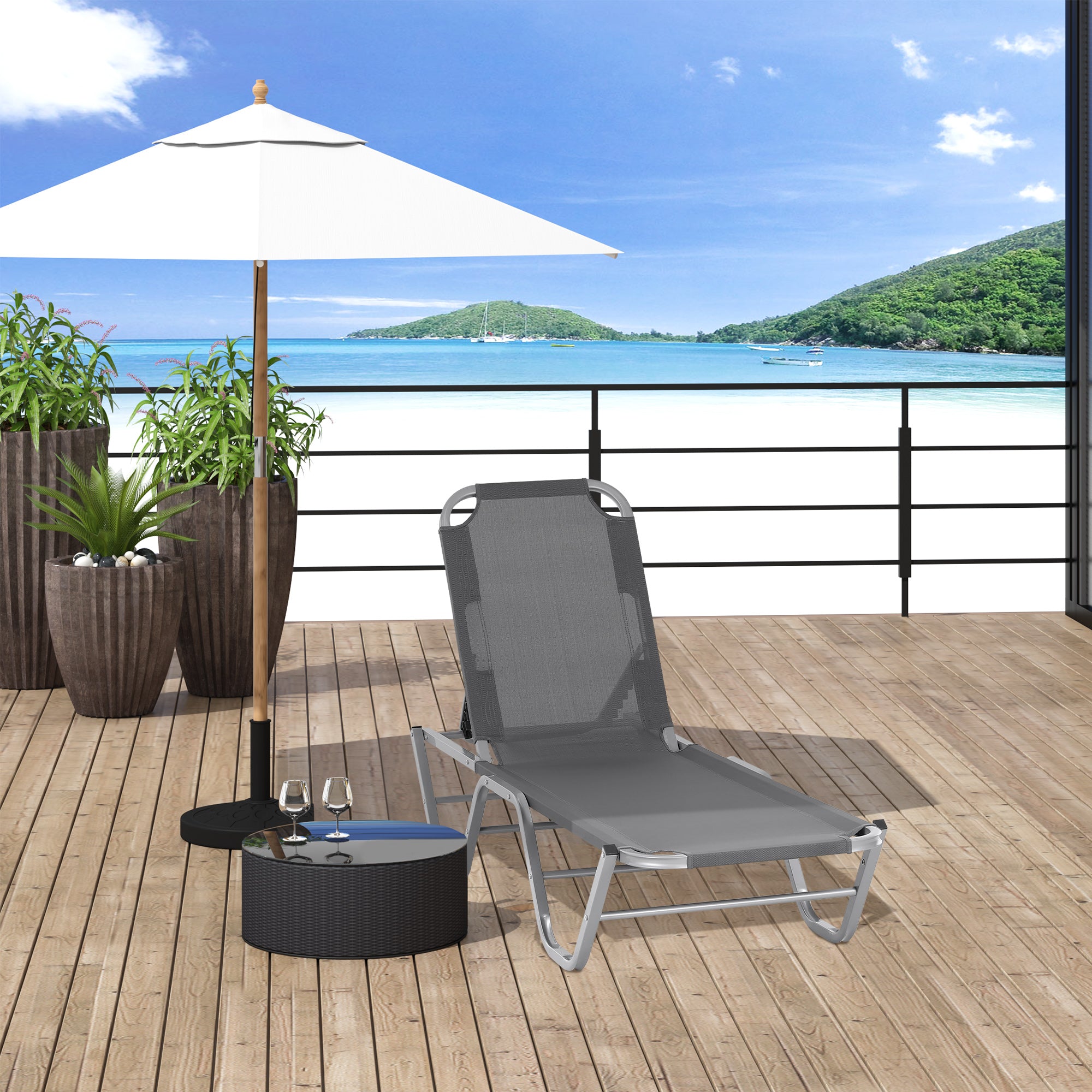 Sun Lounger Relaxer Recliner W/ 5-Position Adjustable Backrest Pool Sun Bathing