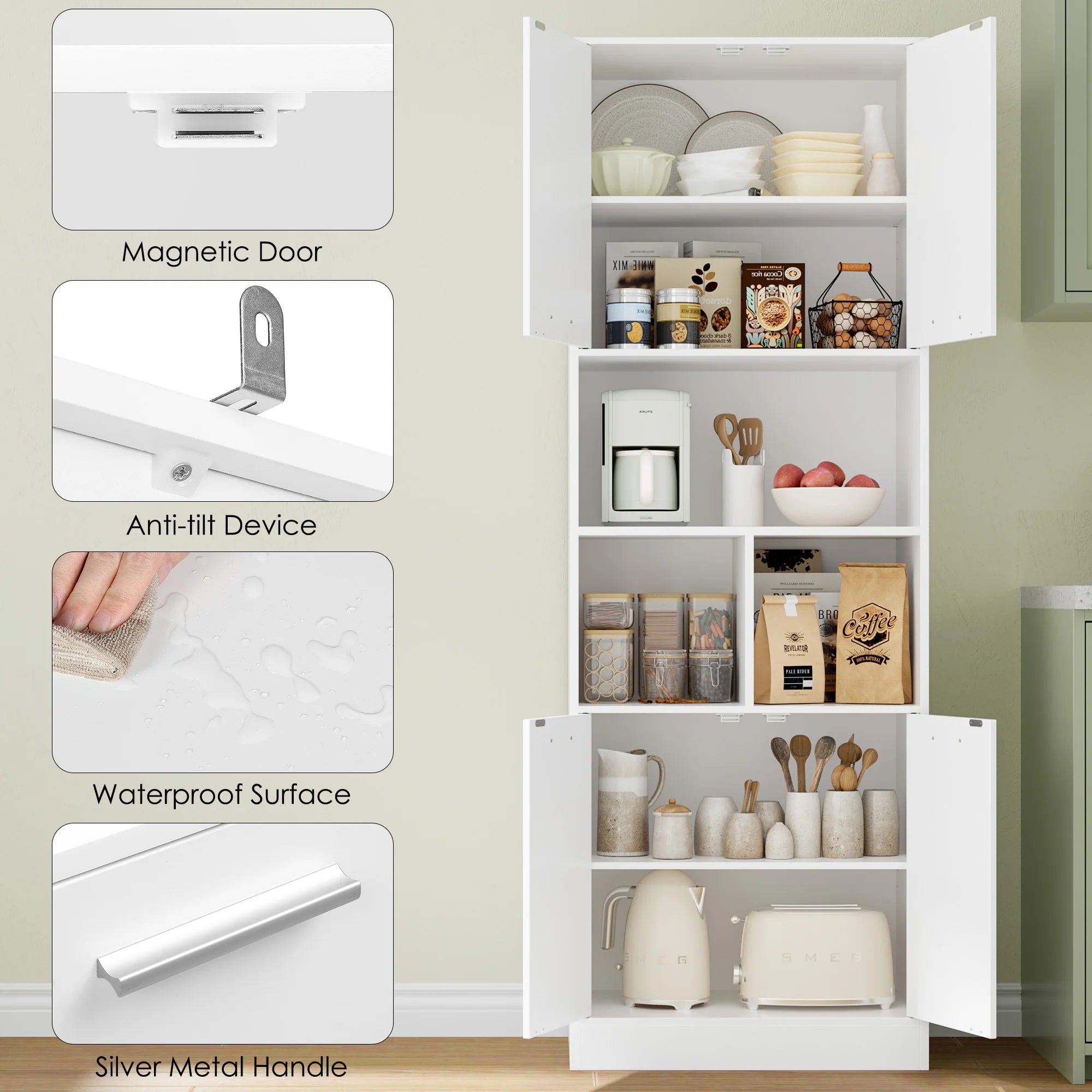 Bathroom Tall Cabinets White Tall Storage Cabinet with Doors and Open Shelves Bookcase for Living Room Kitchen180.5X60X40Cm