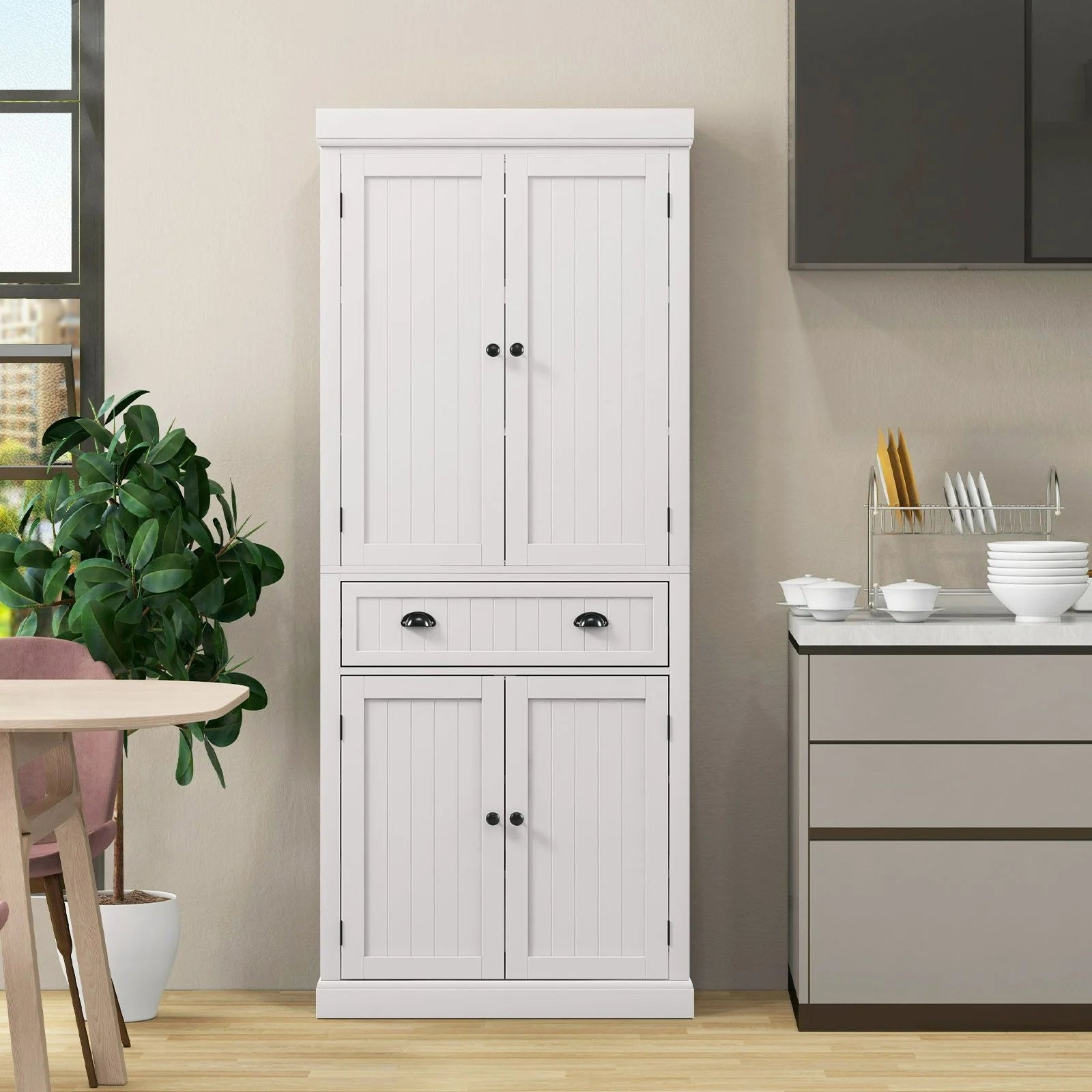 4-Door Tall Kitchen Cupboard Adjustable Shelves and Drawer