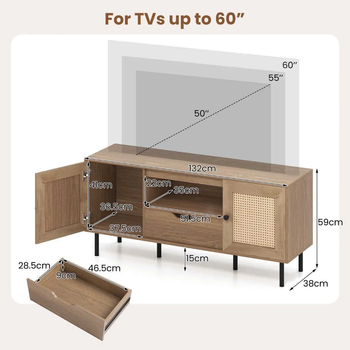 TV Stand for 60 Inch TV with Cabinets and Storage Shelf