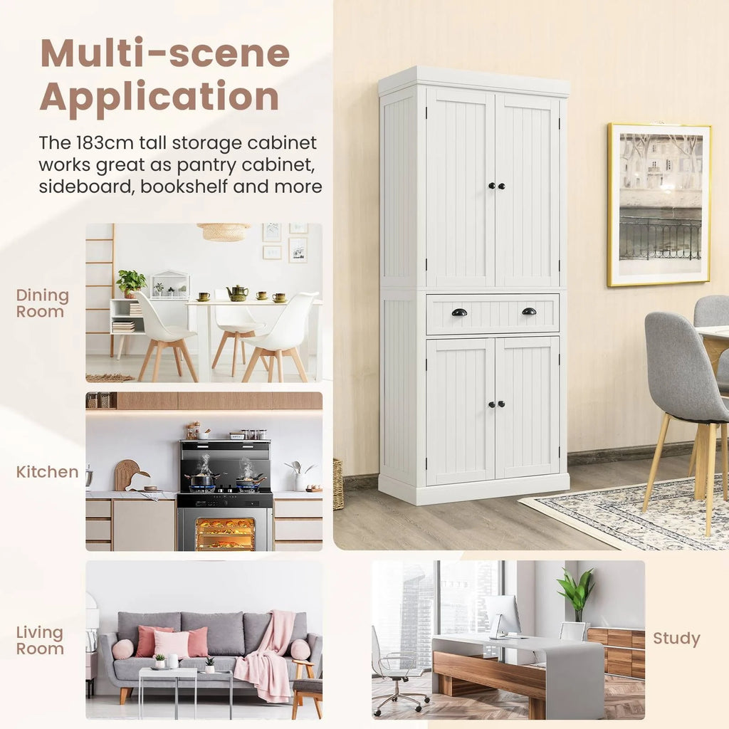 4-Door Tall Kitchen Cupboard Adjustable Shelves and Drawer