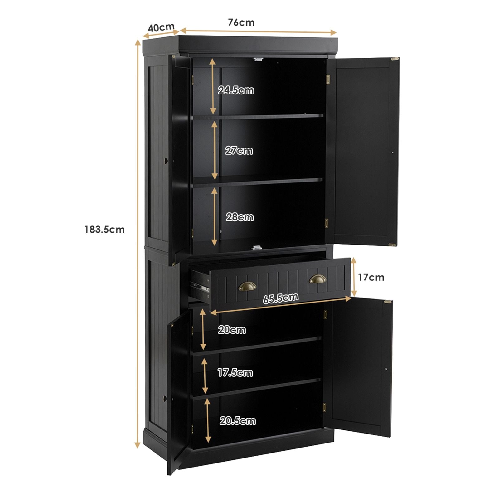 4-Door Tall Kitchen Cupboard Adjustable Shelves and Drawer