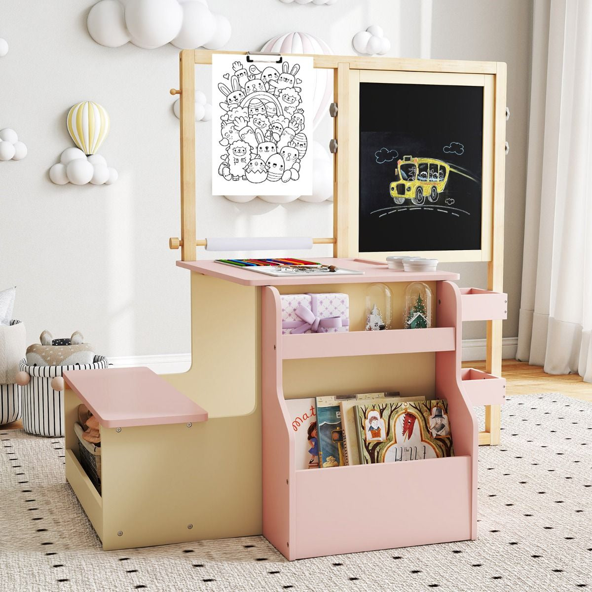 Kids Art Easel Table and Bench Set with Adjustable Easel and Bookshelf