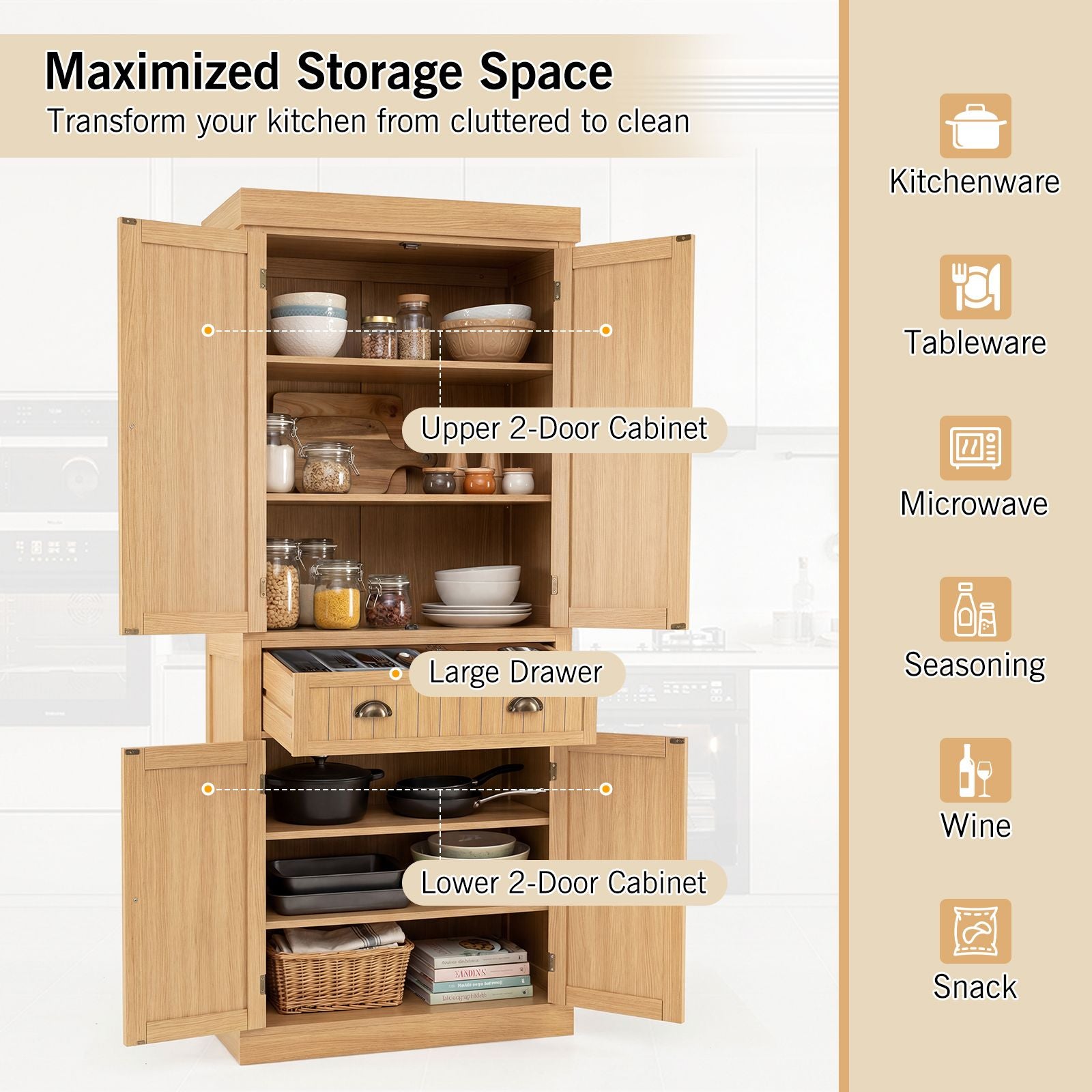 4-Door Tall Kitchen Cupboard Adjustable Shelves and Drawer