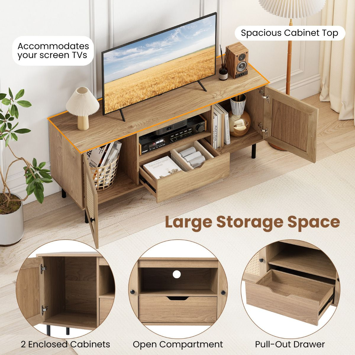 TV Stand for 60 Inch TV with Cabinets and Storage Shelf