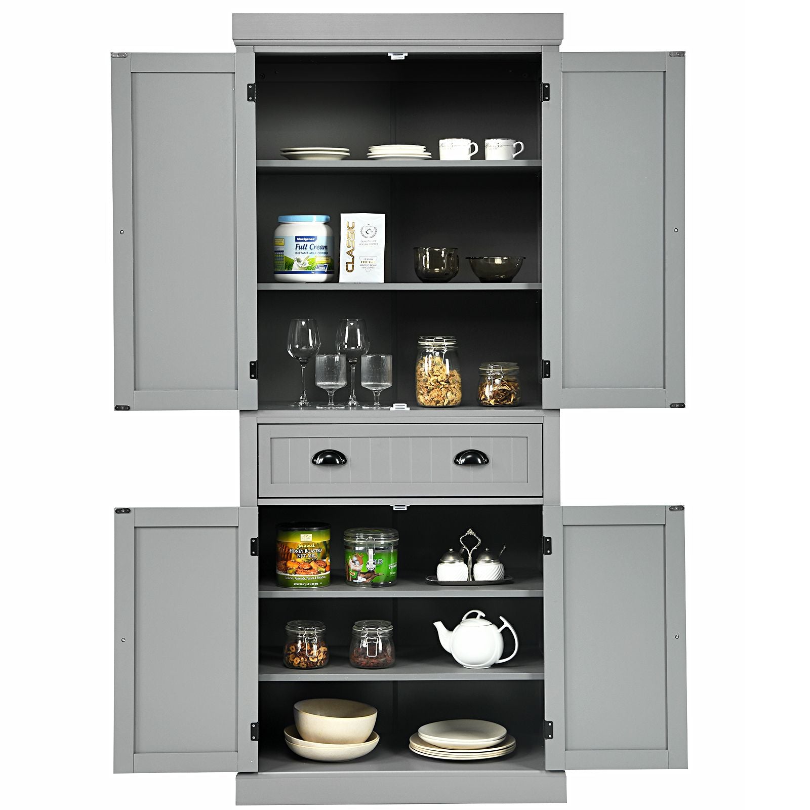 4-Door Tall Kitchen Cupboard Adjustable Shelves and Drawer
