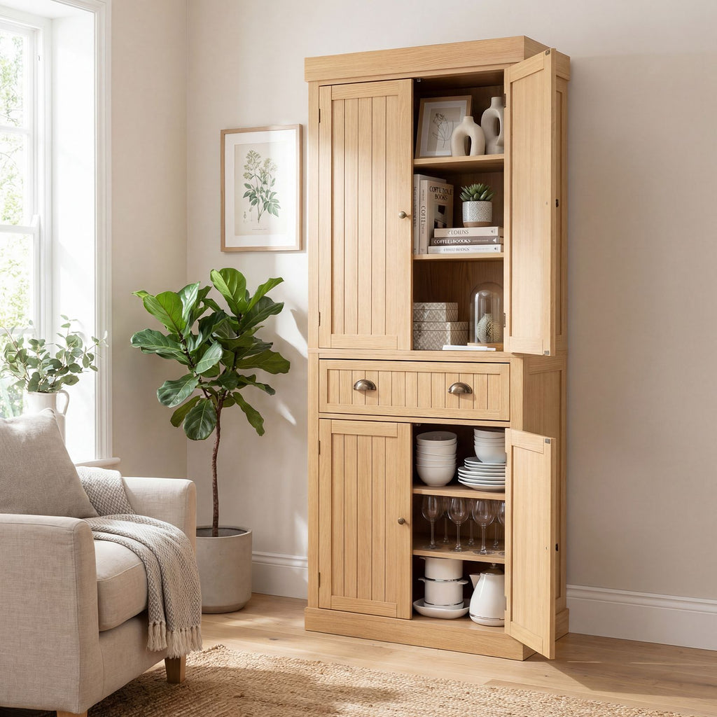 4-Door Tall Kitchen Cupboard Adjustable Shelves and Drawer